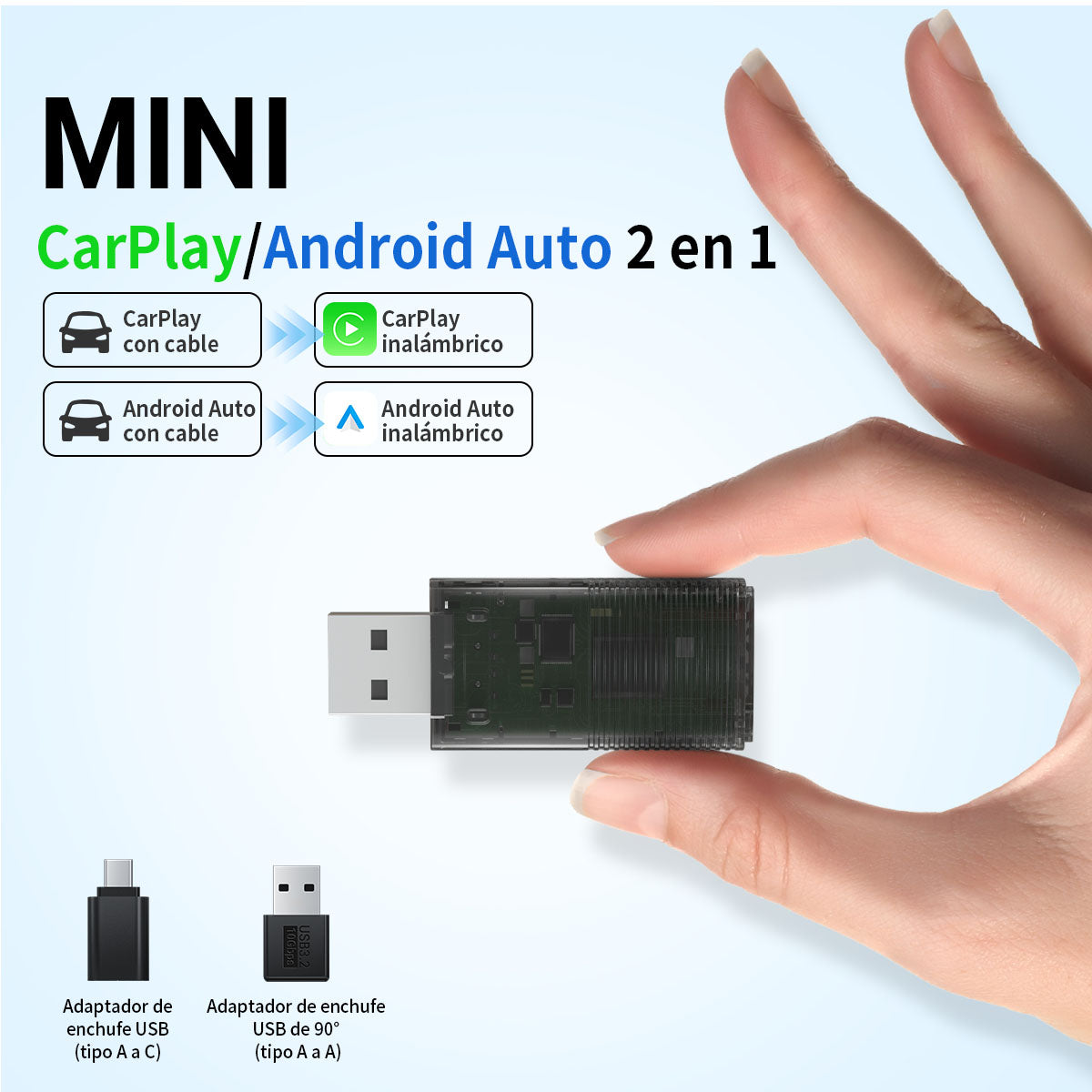 Mini adaptador inalámbrico CarPlay/Android Auto 2 en 1