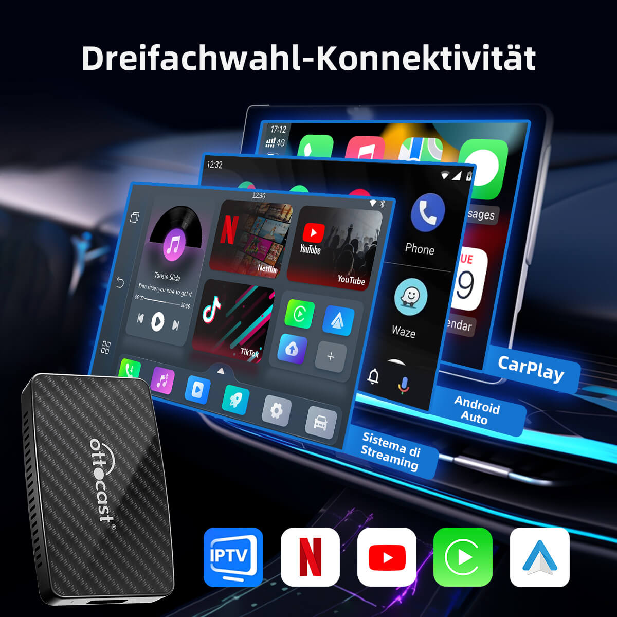 Play2Video Pro adaptador CarPlay/ Android Auto inalámbrico con YouTube y Netflix