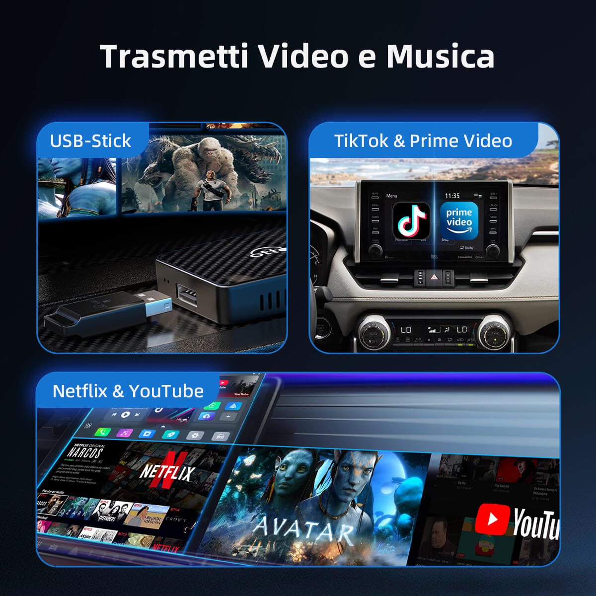 Play2Video Pro adaptador CarPlay/ Android Auto inalámbrico con YouTube y Netflix