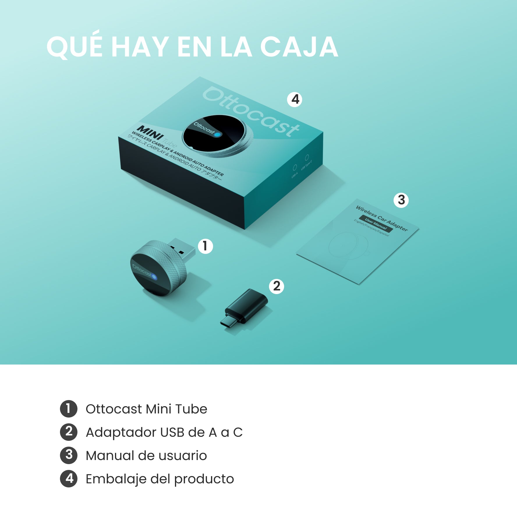 OTTOCAST Mini Tube – Adaptador inalámbrico para CarPlay y Android Auto