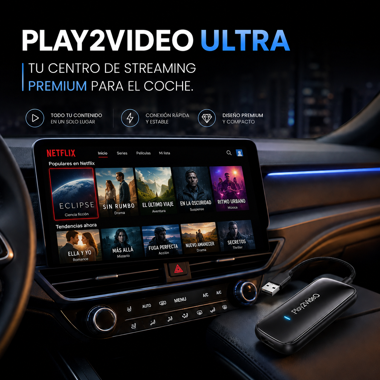 Play2Video Ultra 2026 – Netflix, YouTube y CarPlay/Android Auto inalámbrico