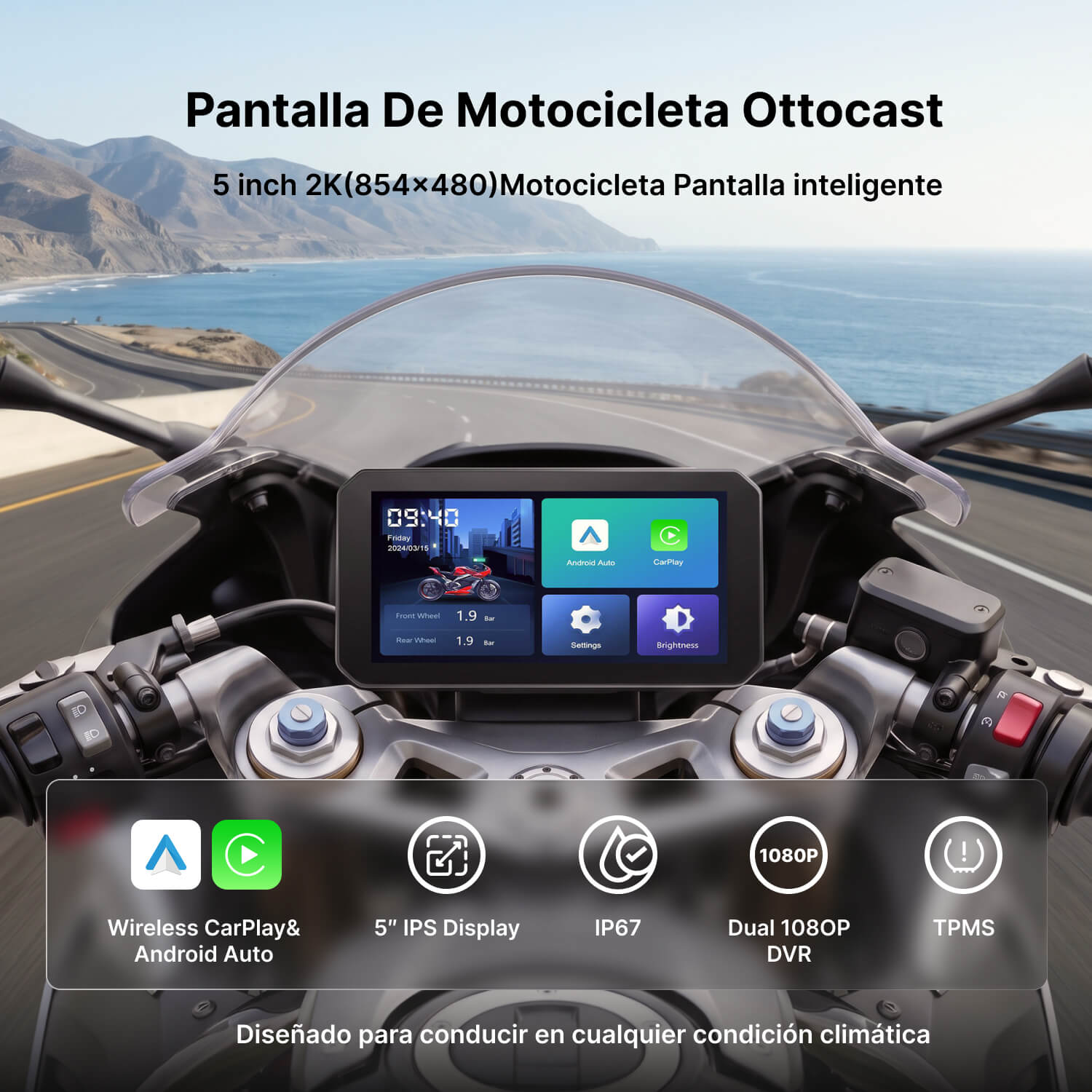 OTTOCAST Pantalla Inteligente para Moto de 5" con CarPlay Inalámbrico, Android Auto, IPS HD e IP67