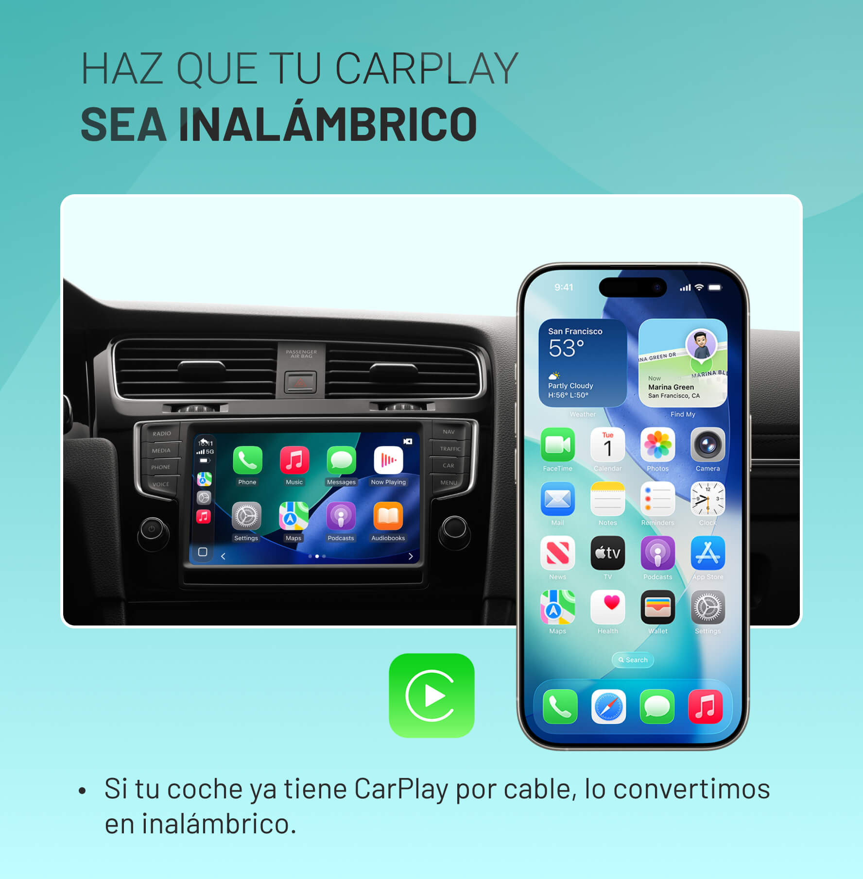 OttoSafe Cam 2 en 1 | Dash Cam para Coche y CarPlay Inalámbrico