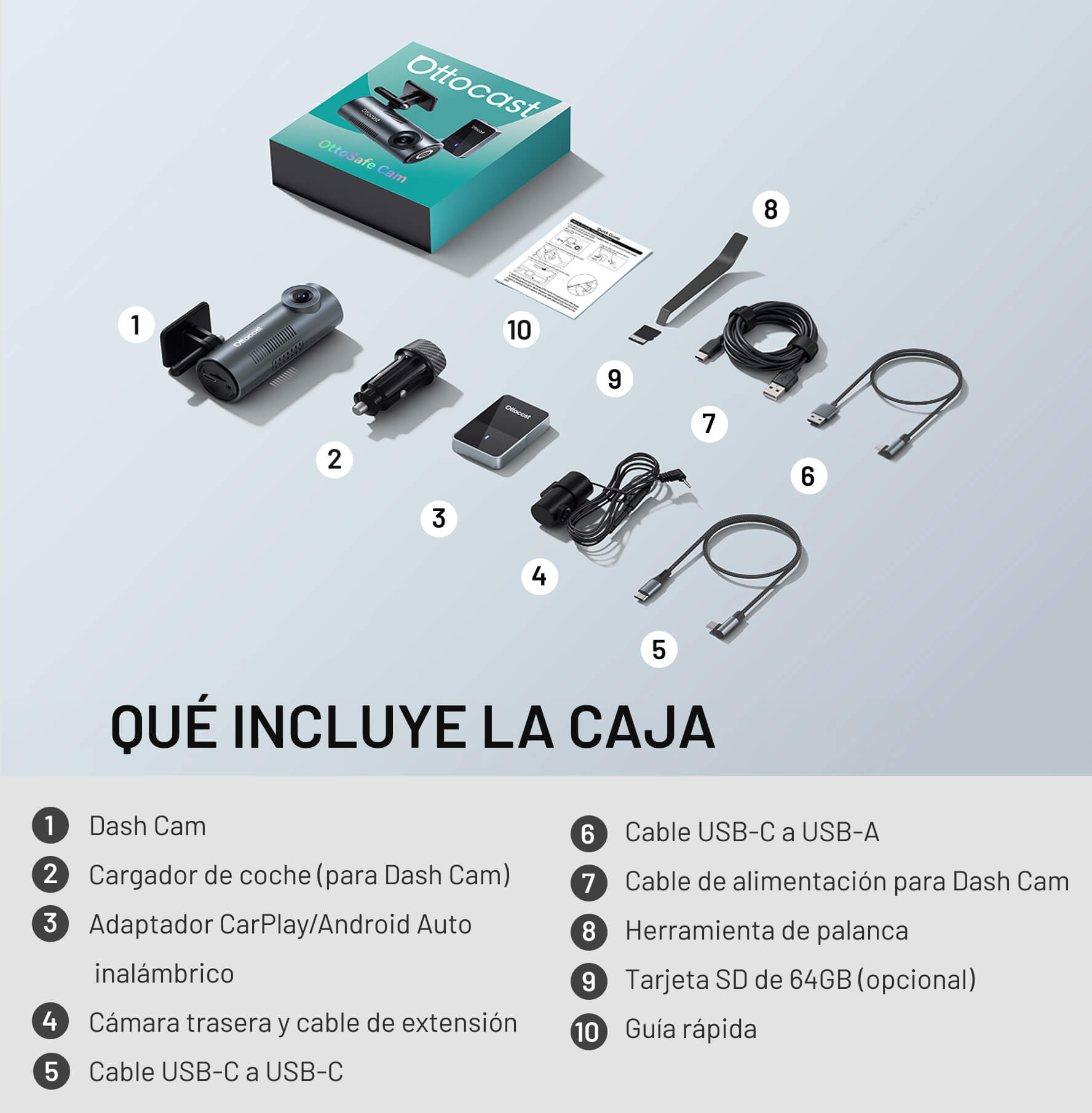 OttoSafe Cam 2 en 1 | Dash Cam con CarPlay y Android Auto inalámbricos