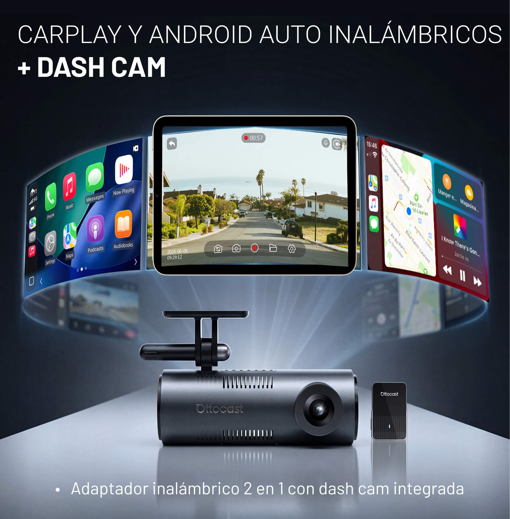 OttoSafe Cam 2 en 1 | Dash Cam con CarPlay y Android Auto inalámbricos