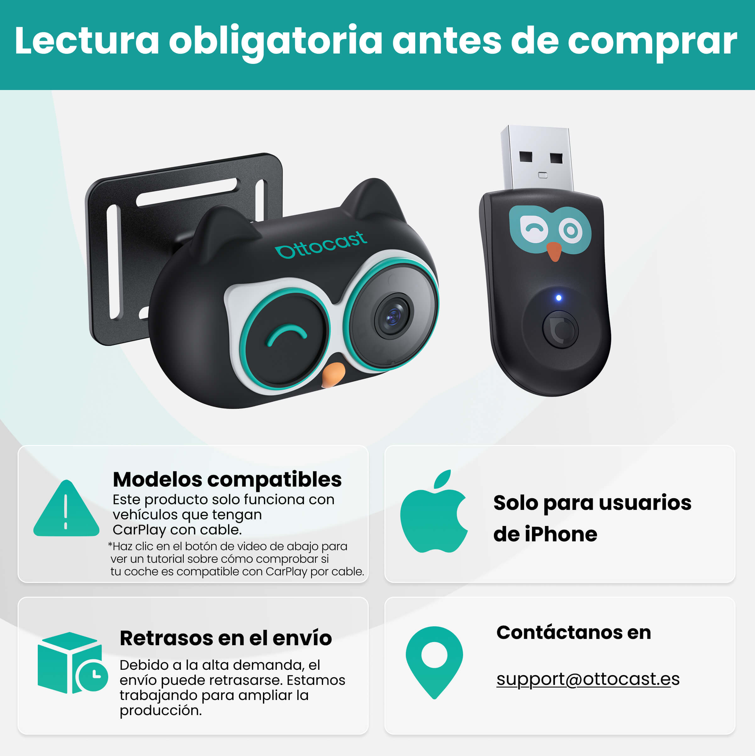 Ottocast® Cabin Care Owl Monitor Adaptador inalámbrico CarPlay