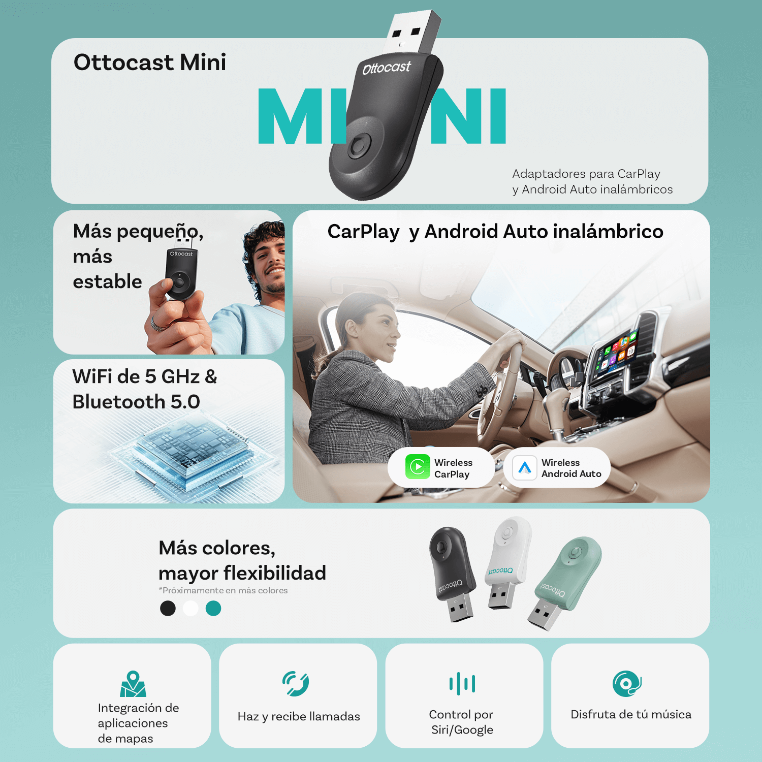 Ottocast® Mini adaptador inalámbrico CarPlay/Android Auto