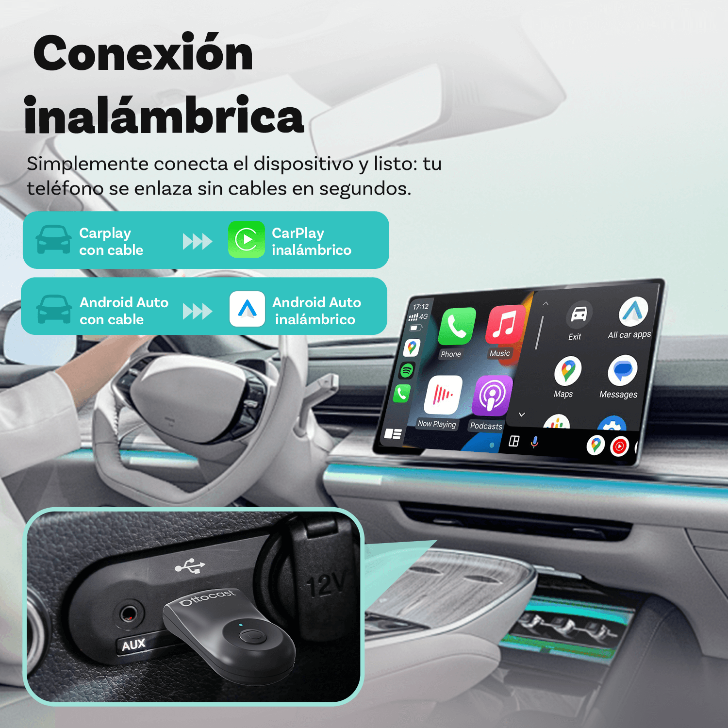 Ottocast® Mini adaptador inalámbrico CarPlay/Android Auto