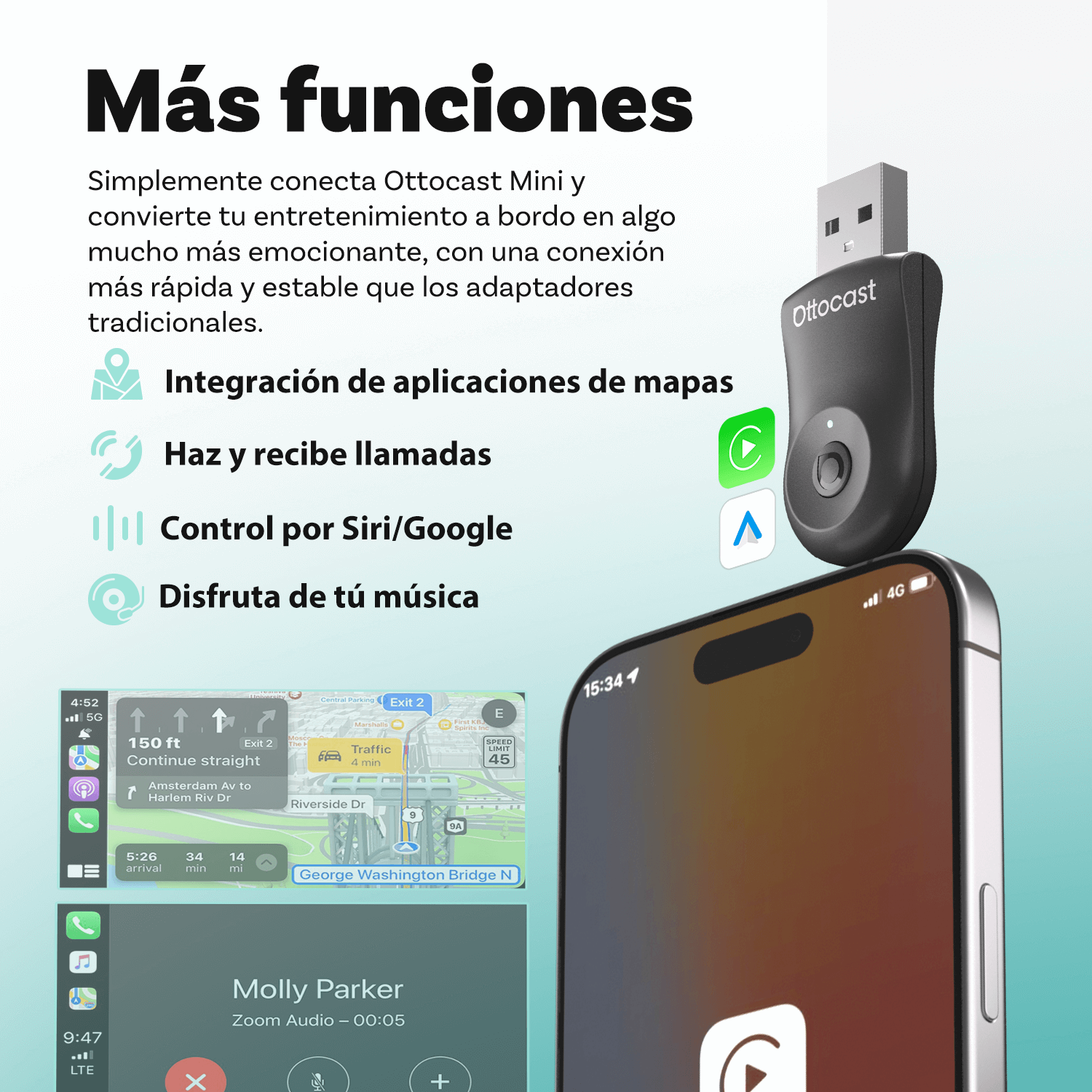 Ottocast® Mini adaptador inalámbrico CarPlay/Android Auto