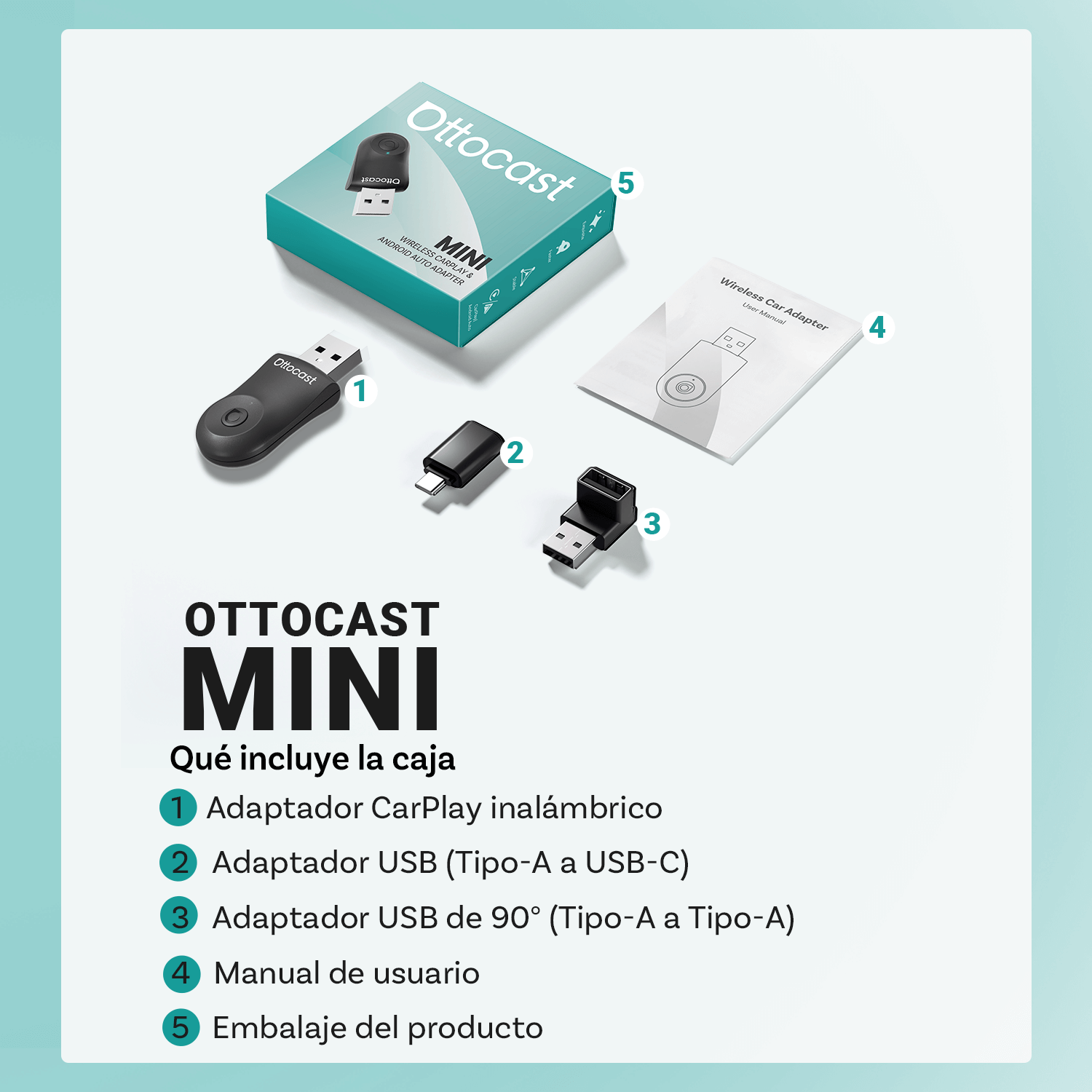 Ottocast® Mini adaptador inalámbrico CarPlay/Android Auto
