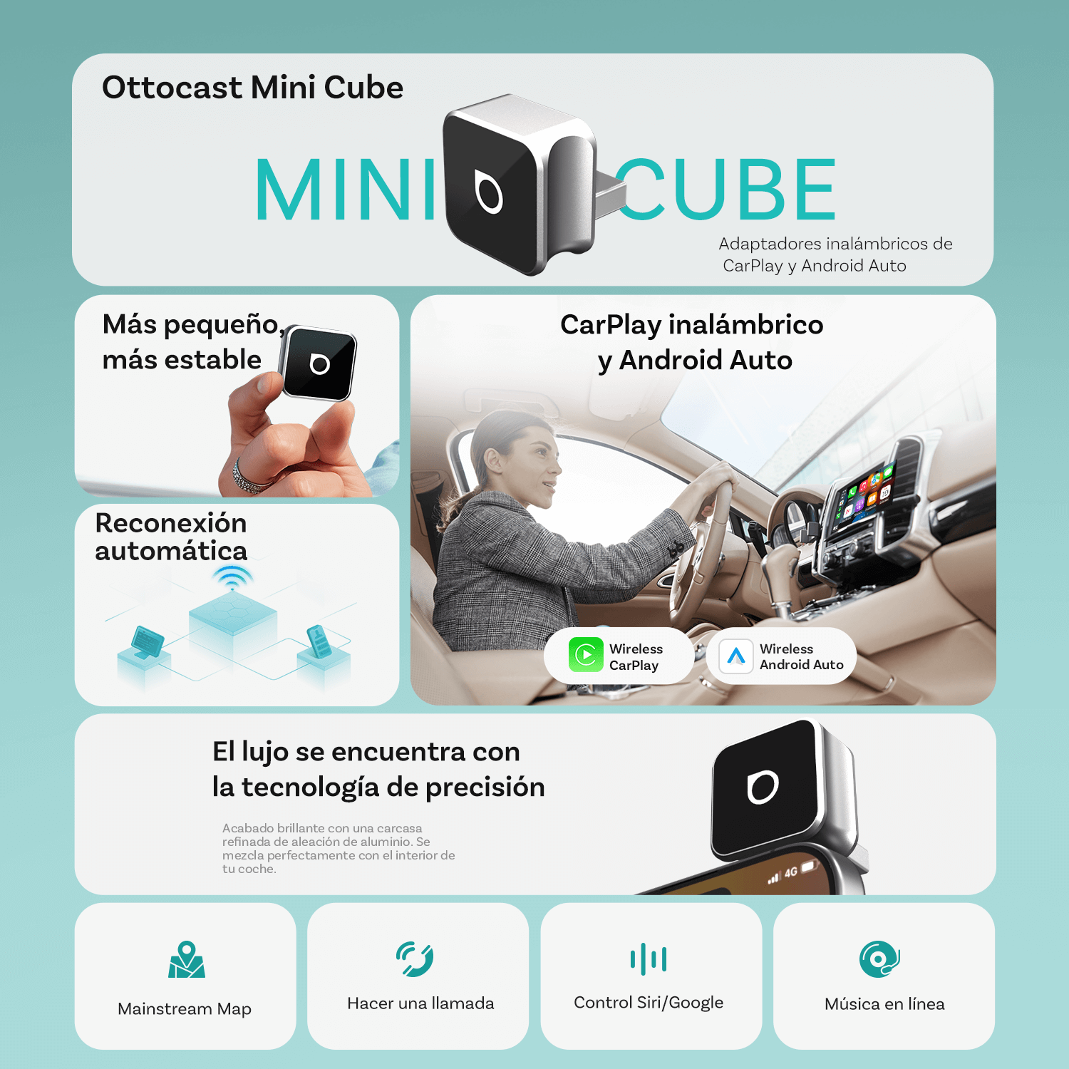 OTTOCAST® Mini Cube 3.0 Adaptador inalámbrica CarPlay y Android Auto