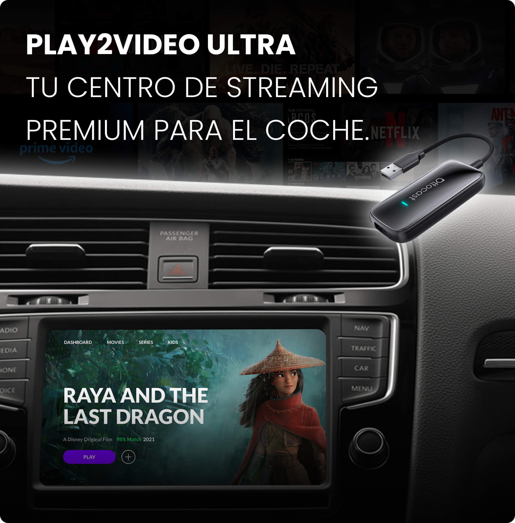Play2Video Ultra · Adaptador inalámbrico CarPlay/Android Auto con Netflix, YouTube, Prime Video y más