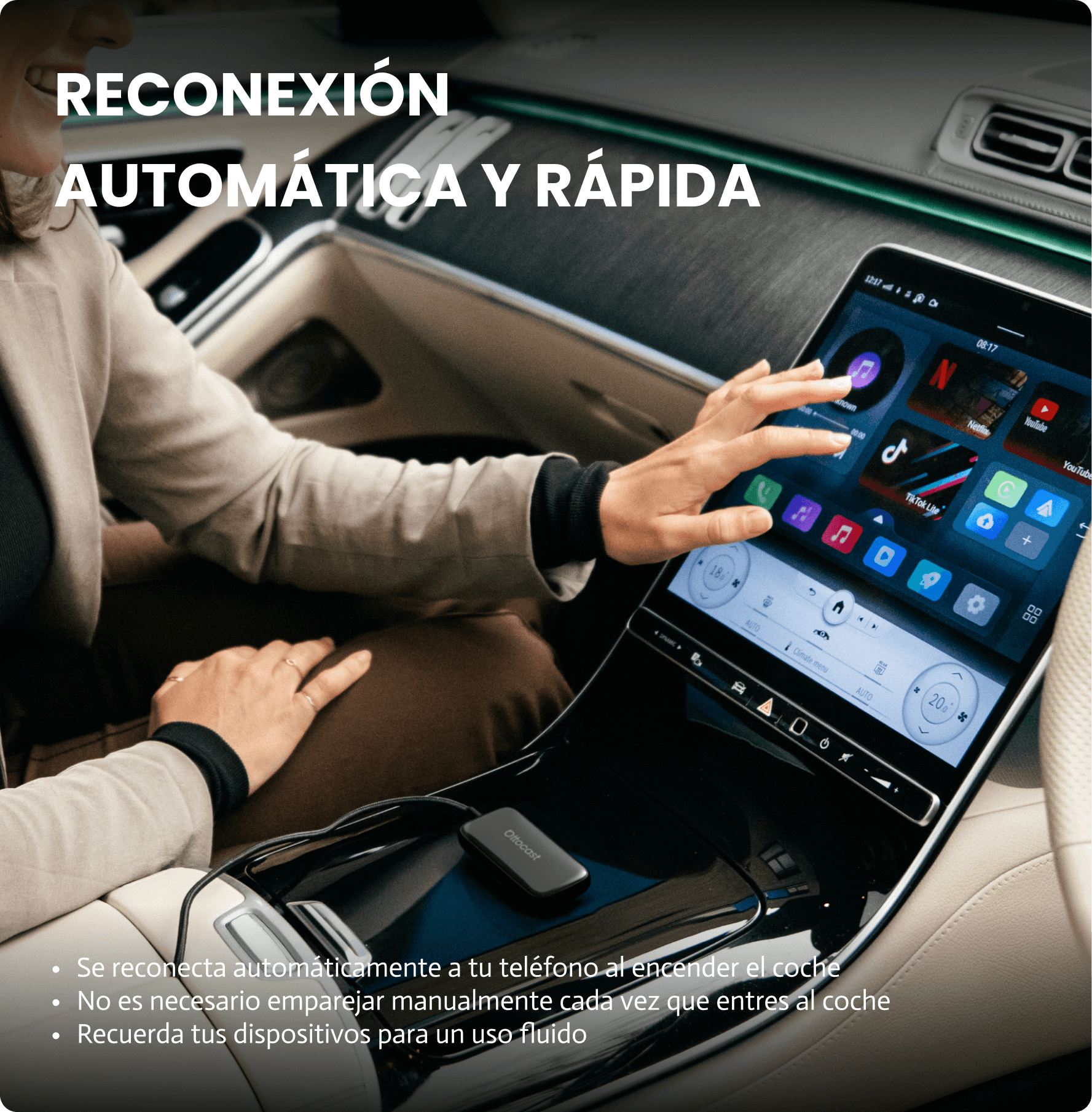 Play2Video Ultra · Adaptador inalámbrico CarPlay/Android Auto con Netflix, YouTube, Prime Video y más