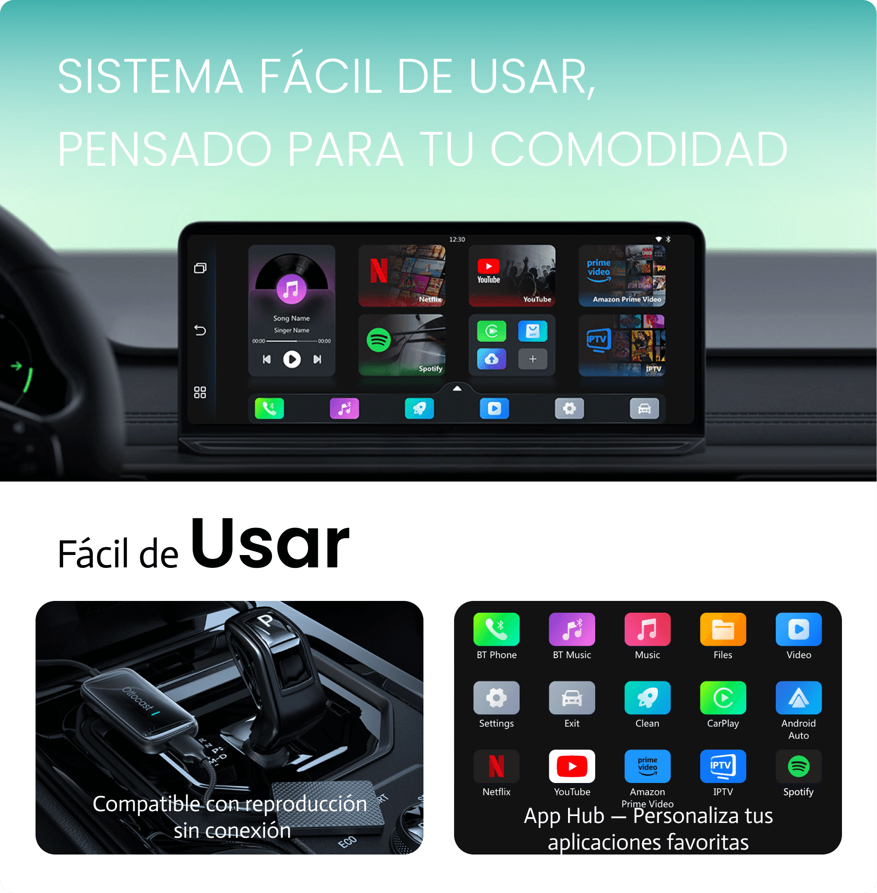 Play2Video Ultra · Adaptador inalámbrico CarPlay/Android Auto con Netflix, YouTube, Prime Video y más