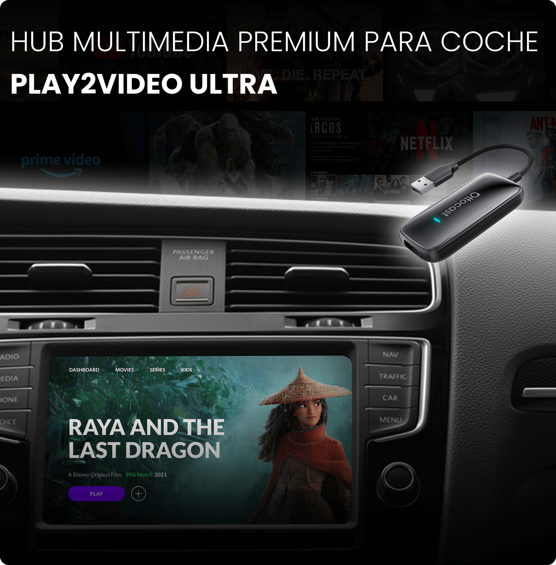 OTTOCAST® Play2Video Ultra Adaptador inalámbrica CarPlay/Android Auto
