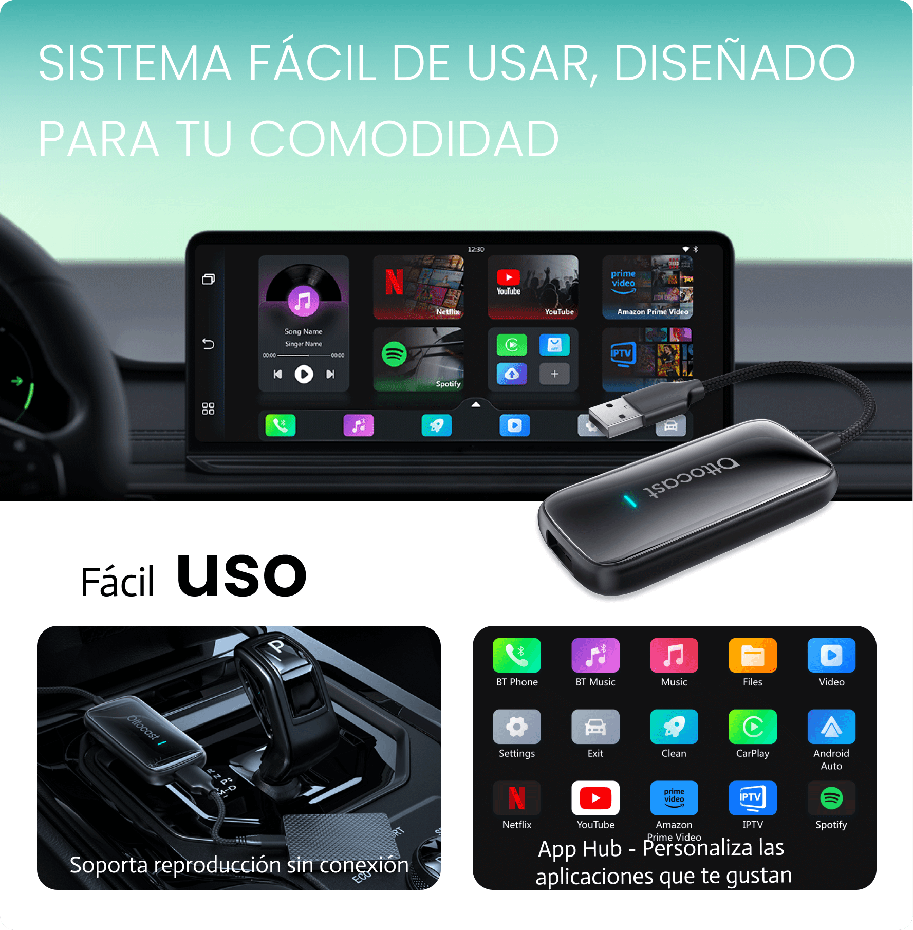 OTTOCAST® Play2Video Ultra Adaptador inalámbrica CarPlay/Android Auto