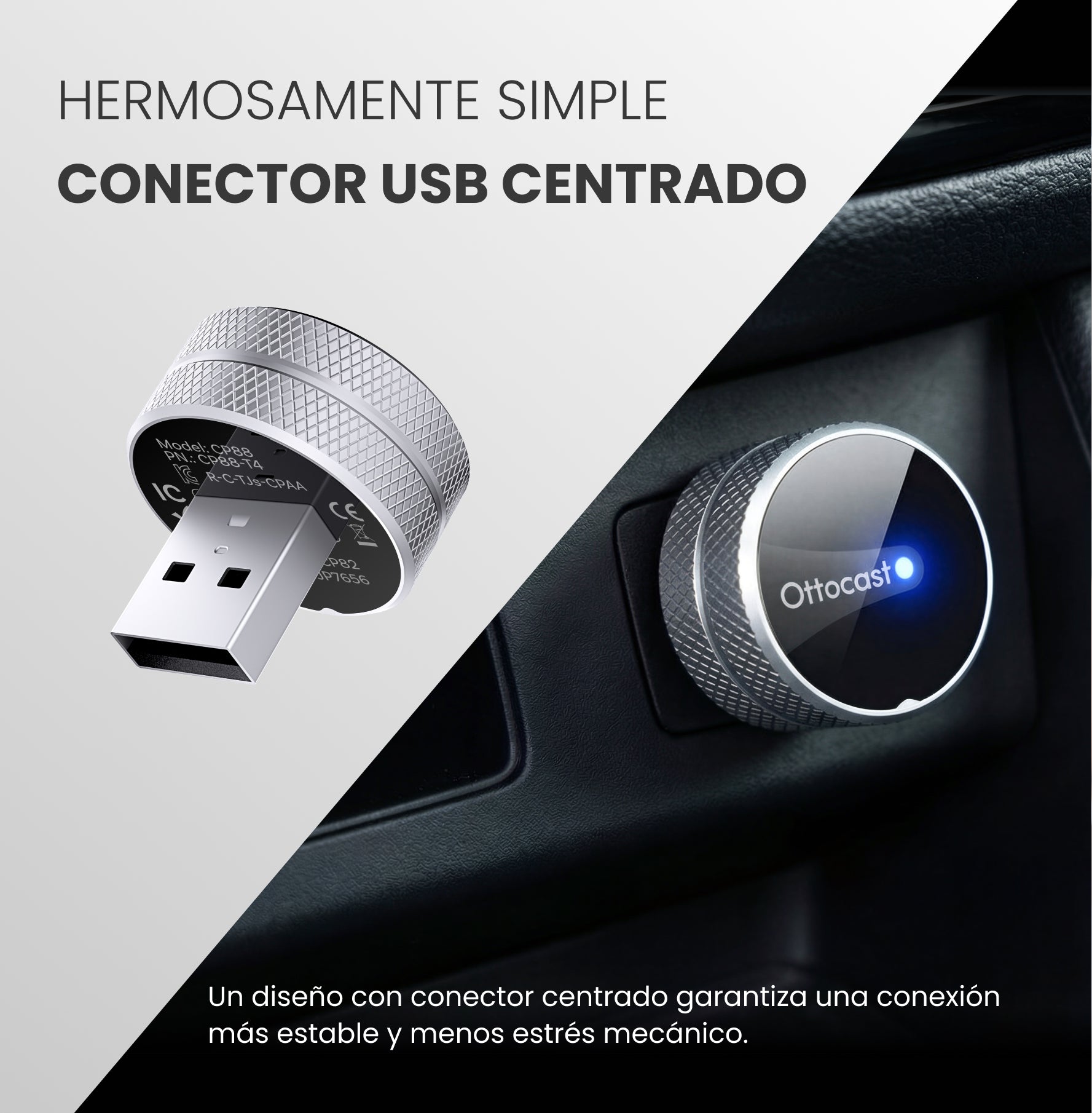 OTTOCAST Mini Tube – Adaptador inalámbrico para CarPlay y Android Auto