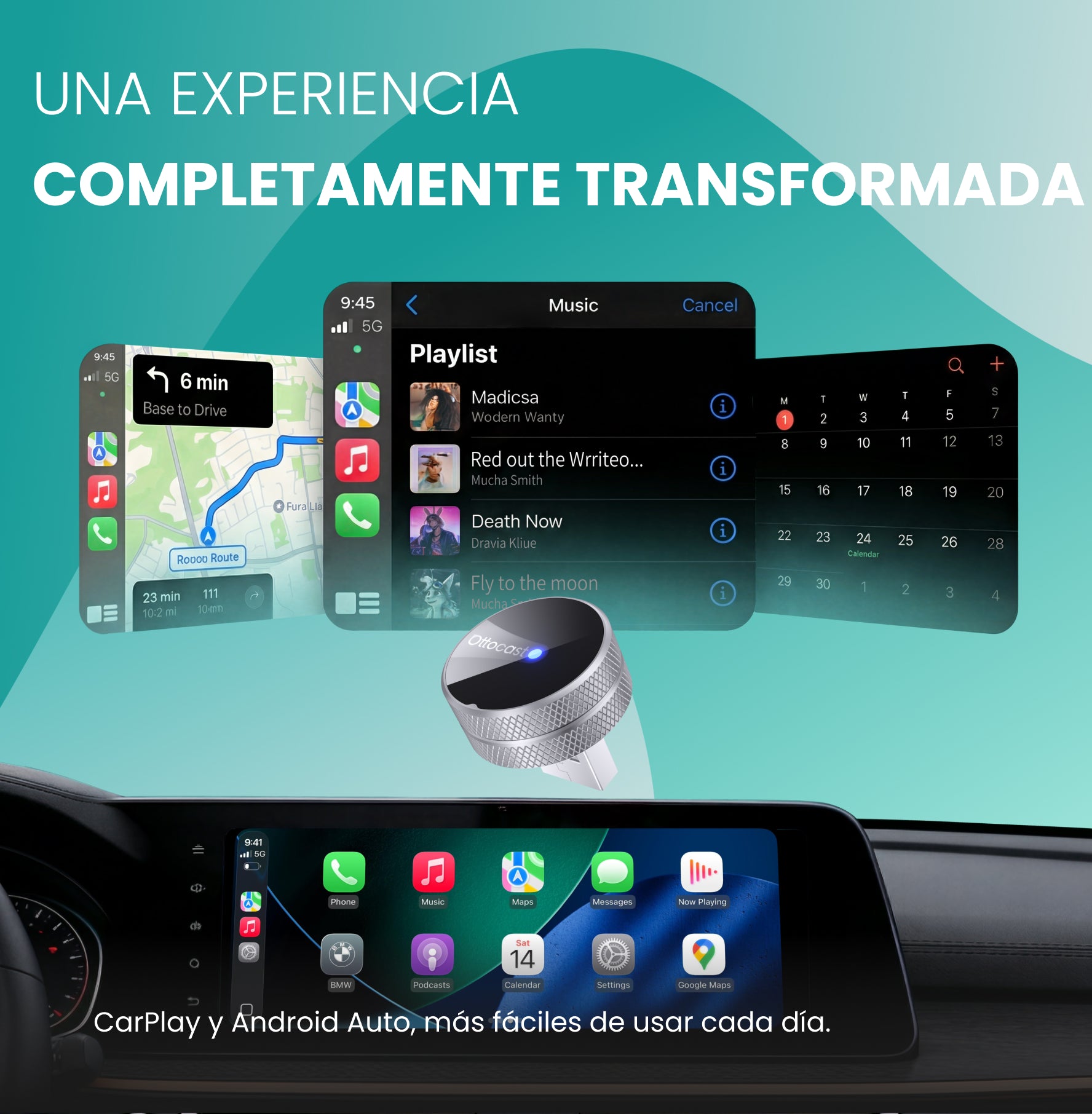 OTTOCAST Mini Tube – Adaptador inalámbrico para CarPlay y Android Auto