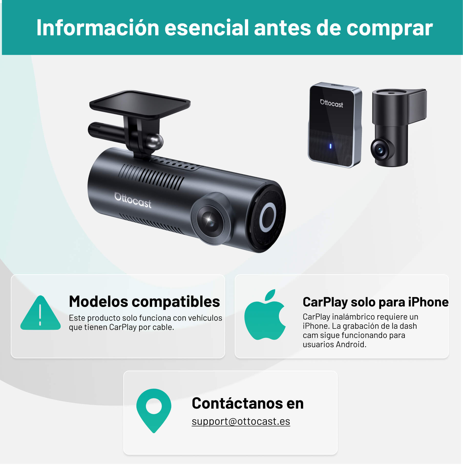 OttoSafe Cam 2 en 1 | Dash Cam para Coche y CarPlay Inalámbrico