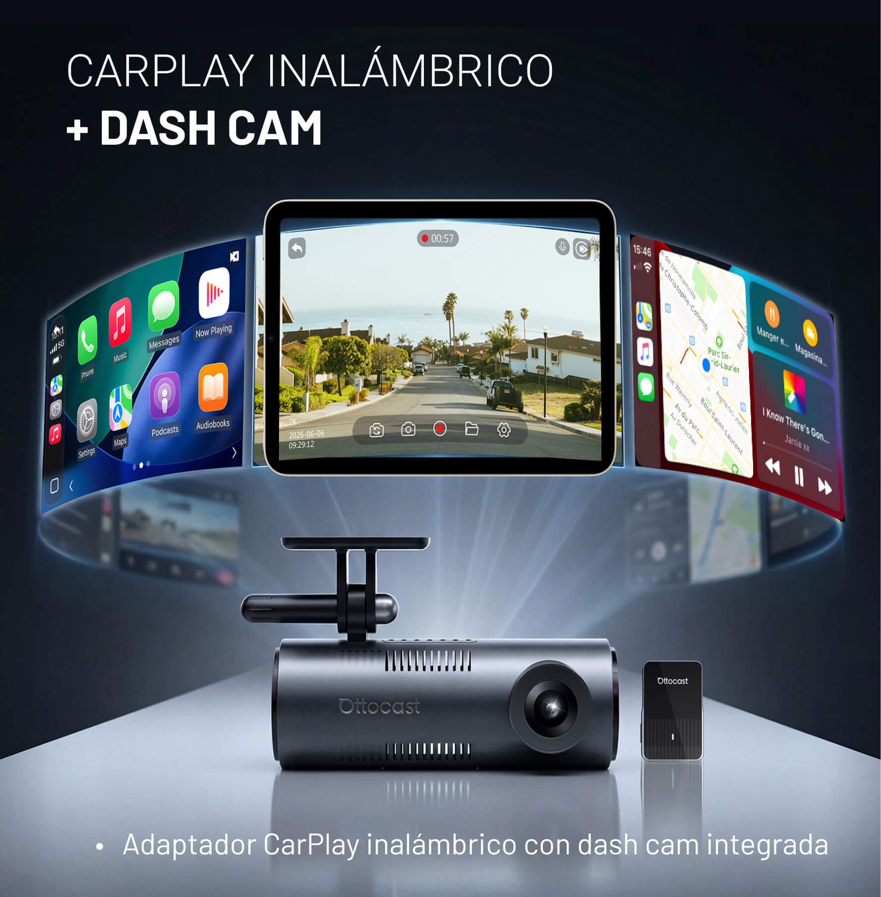 OttoSafe Cam 2 en 1 | Dash Cam para Coche y CarPlay Inalámbrico