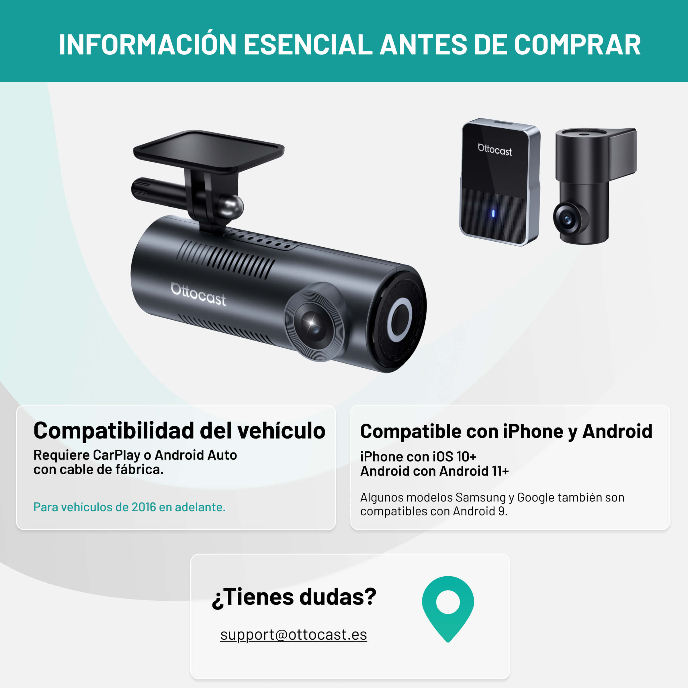 OttoSafe Cam 2 en 1 | Dash Cam con CarPlay y Android Auto inalámbricos