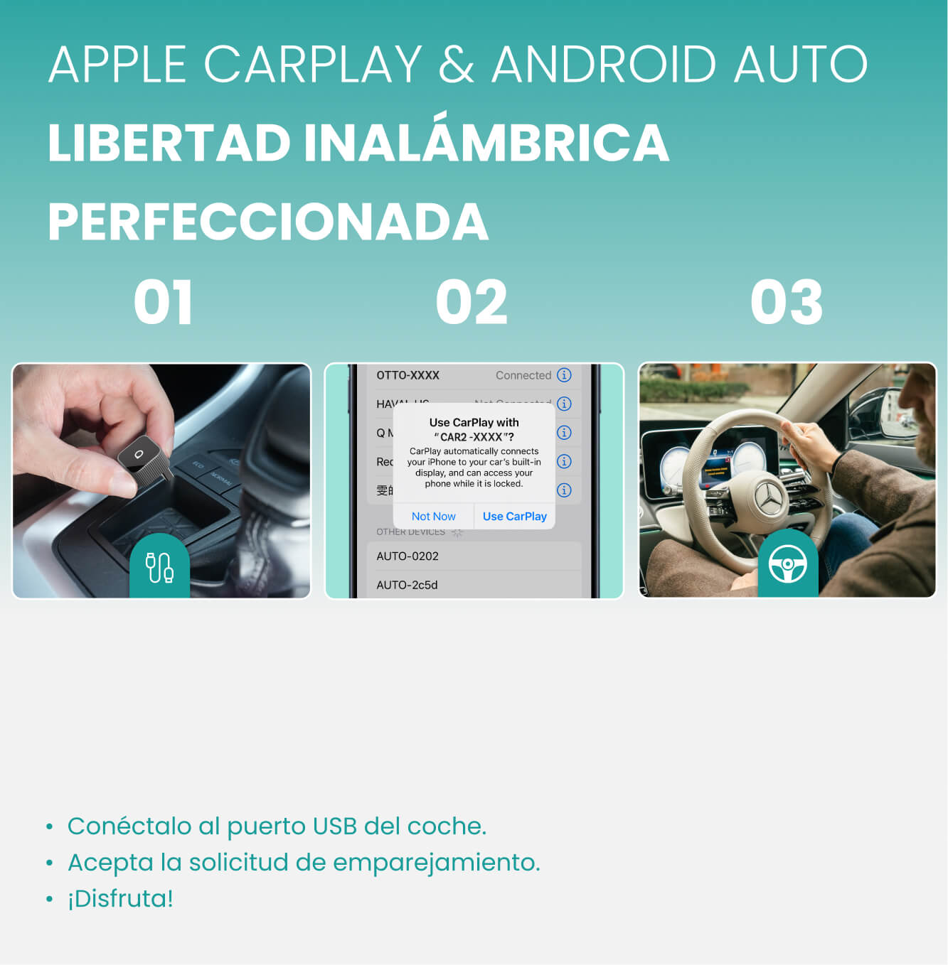 OTTOCAST® Mini Slim Adaptador inalámbrica CarPlay y Android Auto