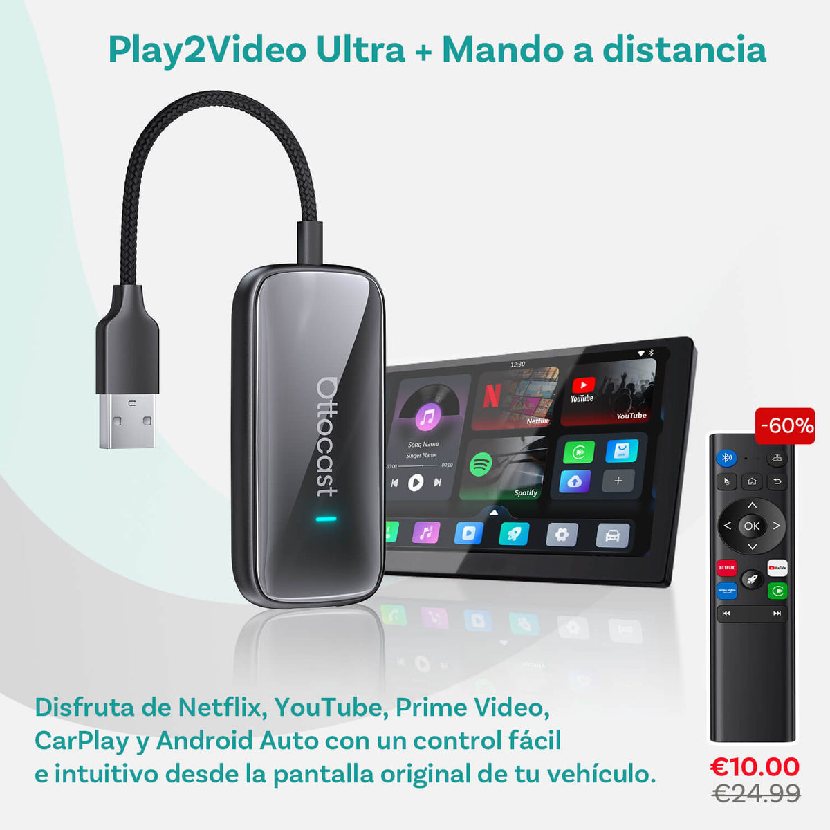 Play2Video Ultra · Adaptador inalámbrico CarPlay/Android Auto con Netflix, YouTube, Prime Video y más