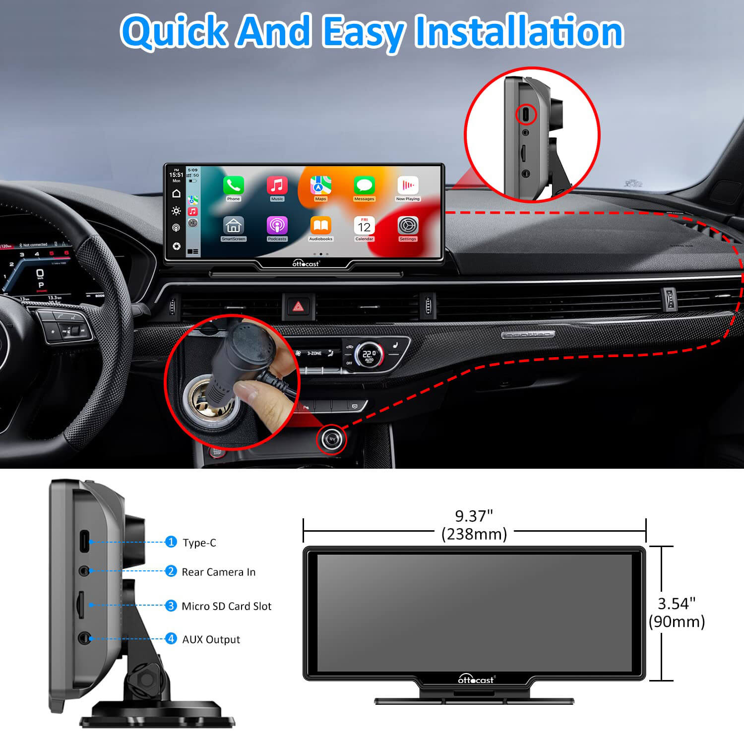 Pantalla portátil para automóvil de 10" con Apple CarPlay y Android Auto