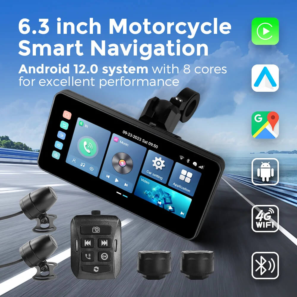 Pantalla de visualización GPS Android 12 para motocicleta con cámara DVR